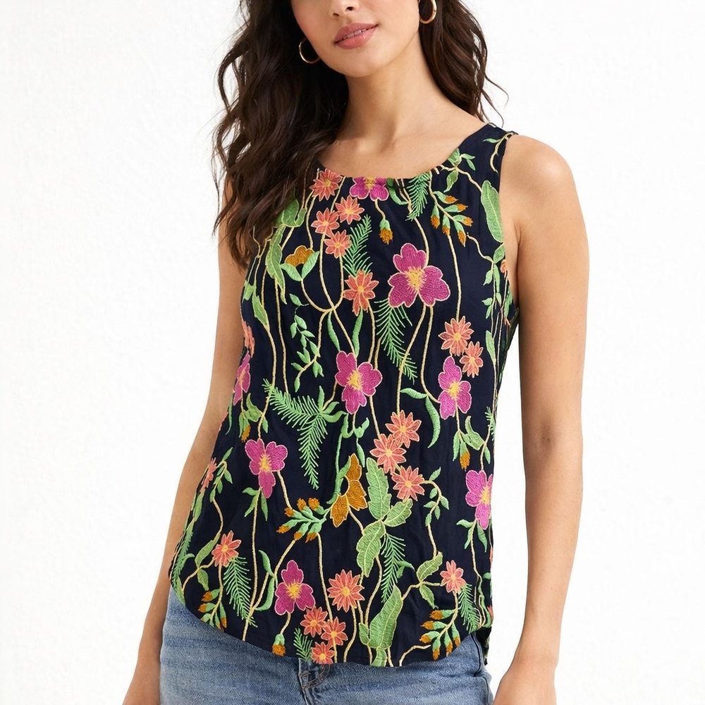 Anthropologie Meadow Rue Cartagena Embroidered Flower Sleeveless Top Navy